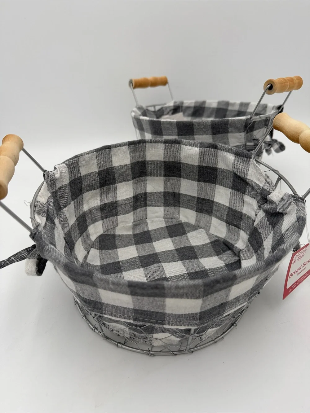 Set of 2 Gray & White Buffalo Check Wire Basket with Wooden Handles